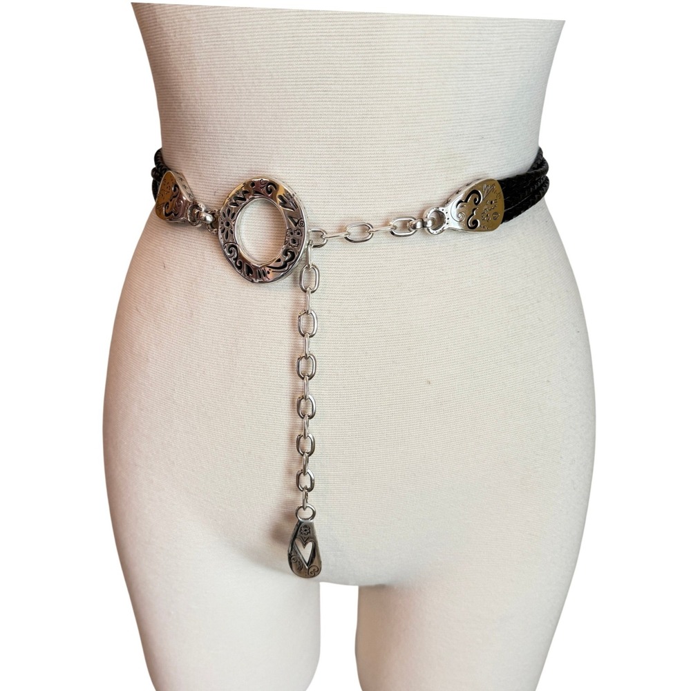 Brighton Braided Leather Silver Tone Chain Belt Size Medium Heart Medallion